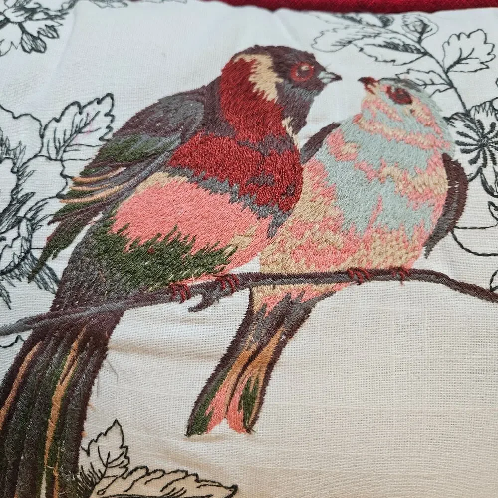 Linen Blend Lumbar Pillow Black White w/colored Floral Embroidered Birds Zipper